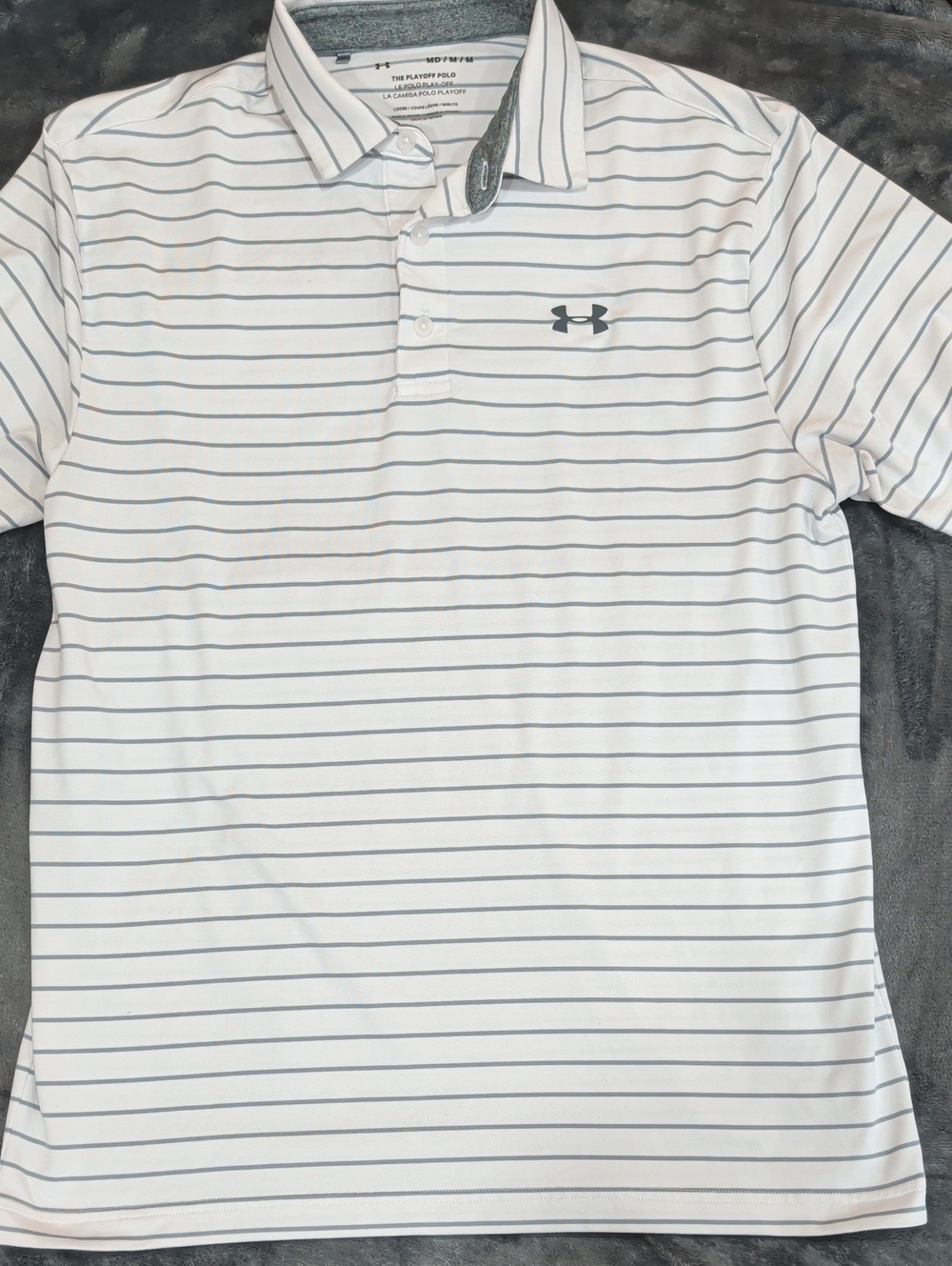 Under Armour Polo Striped White & Gray Size Medium